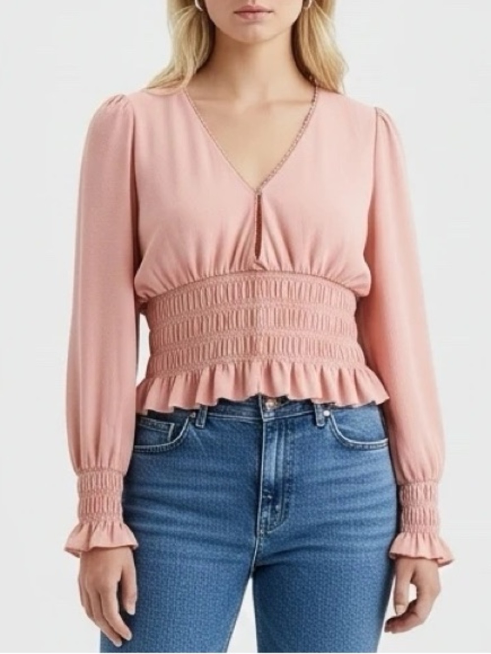 Wayf Peach Long Sleeve V Neck Top